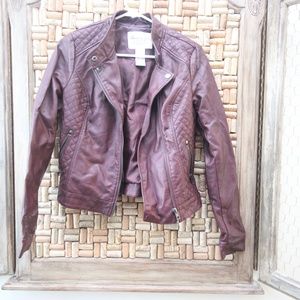 Faux leather plum brown jacket zipper detail